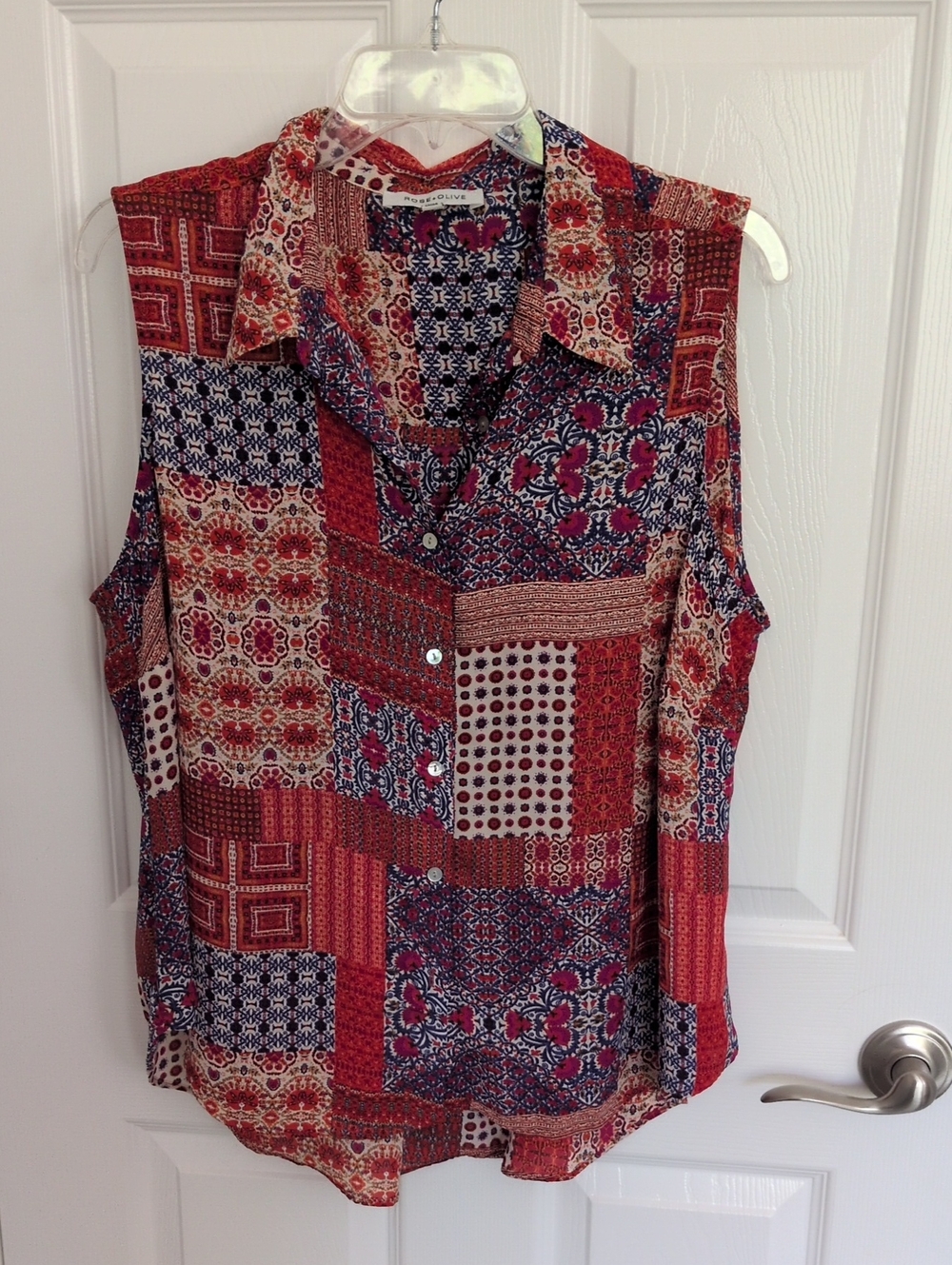 Rose + Olive Sleeveless Patchwork Button Down Blouse - 1X